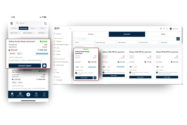 REM's Secondary & Rental Listing Feature showcasing Dubai rental properties with detailed apartment info and easy contact options for real estate investors.