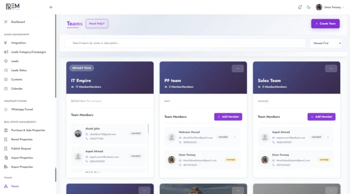 Dashboard interface showing team management cards for different teams (IT Empire, PM Team, Sales Team) with member lists and action buttons on a sidebar navigation menu.