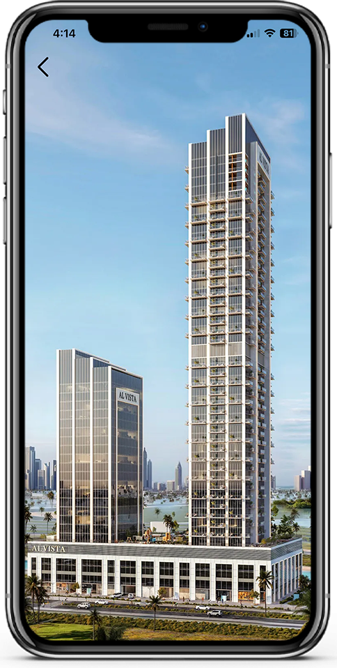REM mobile app showing Al Vista by Dubai Investments in Meydan Horizon, Dubai.