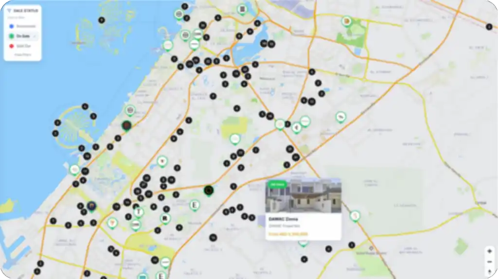 REM off-plan dashboard showing an interactive map of Dubai with property markers and listing details.