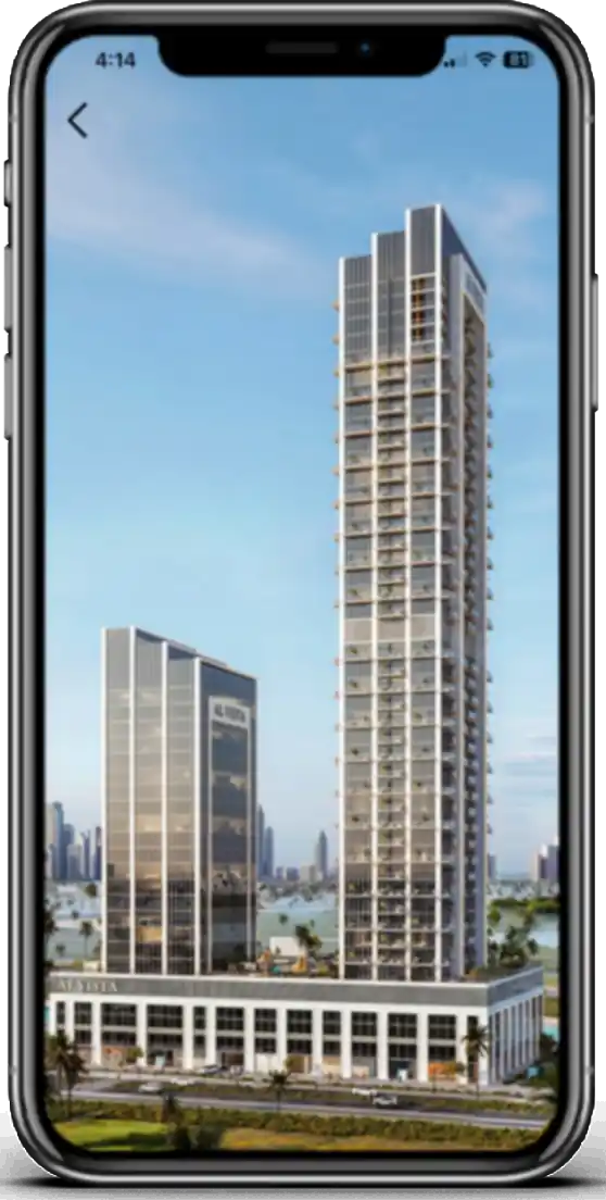 REM mobile app showing Al Vista by Dubai Investments in Meydan Horizon, Dubai.