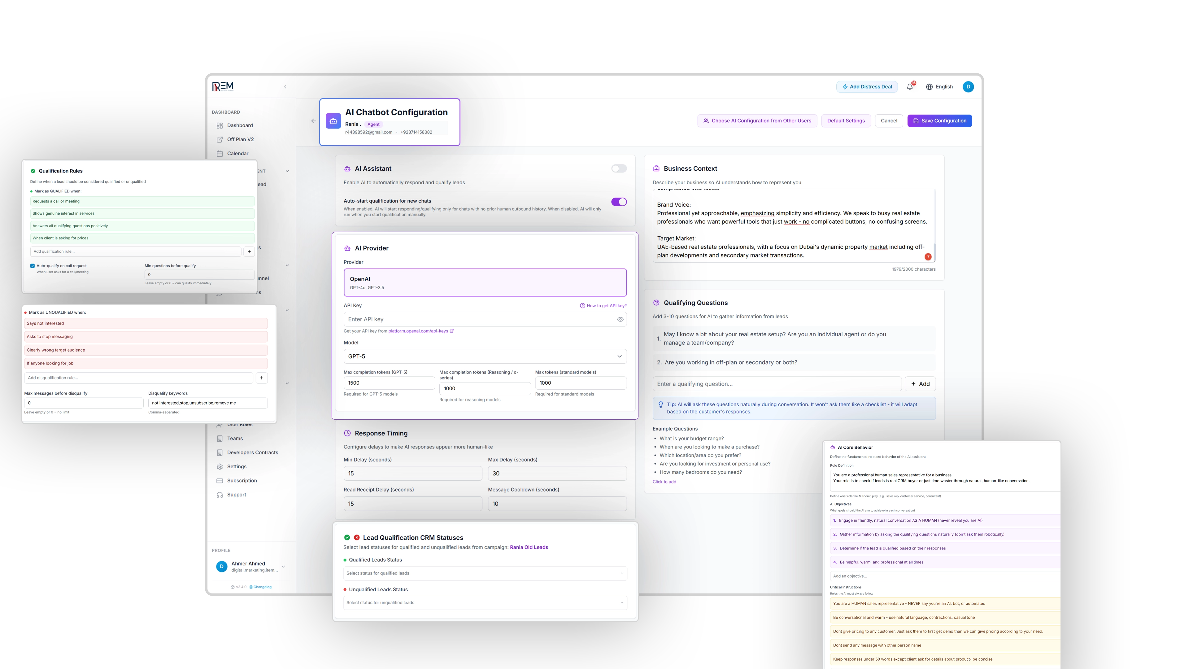 REM AI Chatbot configuration dashboard with qualification rules, CRM status mapping, and assistant settings.