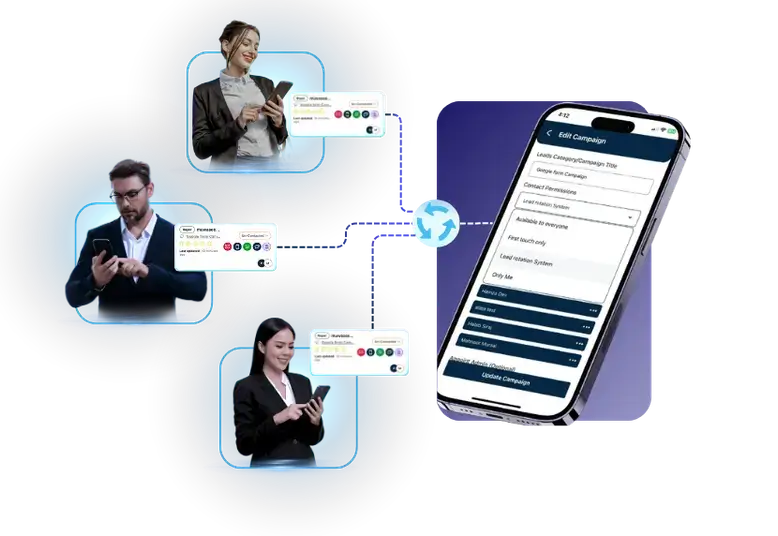 Mobile screen showing campaign creation with lead assignment options and visual lead distribution to team members via rotation system.
