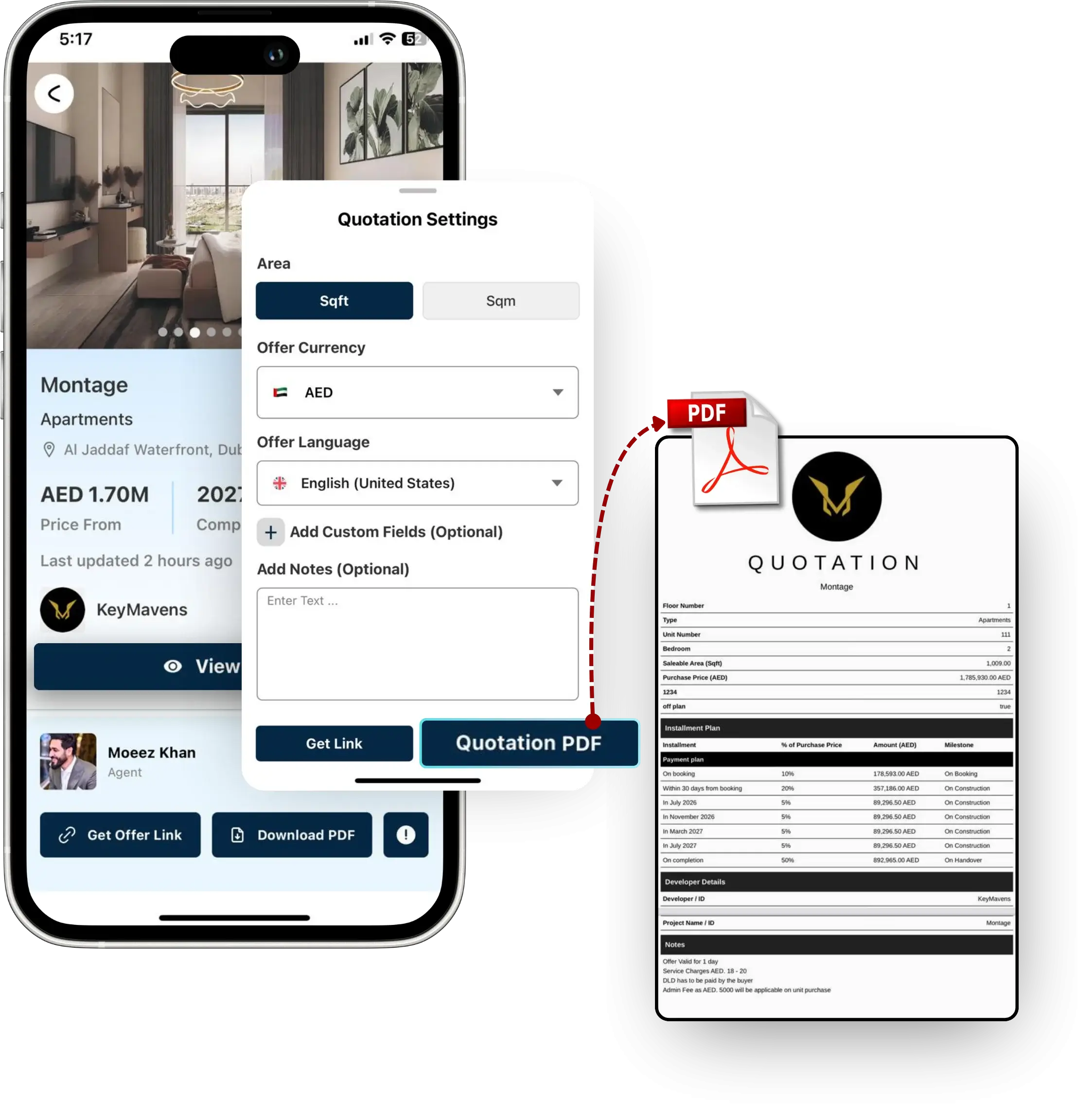REM off-plan unit availability and quotation PDF builder for Dubai apartments, with pricing, completion dates, and branded client quotations.