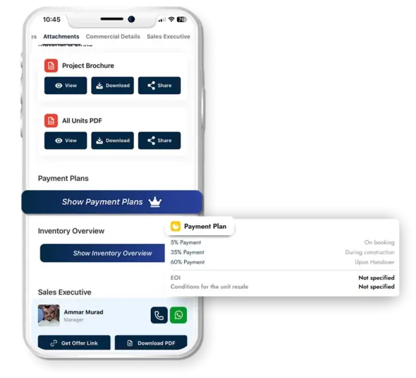 REM app payment plan screen with project brochures, unit PDFs, installment schedules, and inventory resources for Dubai off-plan investments.