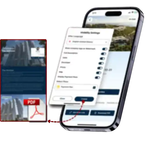 Mobile app interface showing a real estate property listing for Damac Islands 2, with a map-based layout, property details, availability settings panel, and stacked location cards on the right.