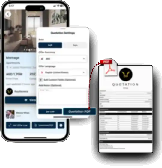 REM mobile app screen displaying off-plan apartment details in Jumeirah Village Circle, Dubai, with unit price, completion date, agent details, visibility settings, and an option to download a property PDF.