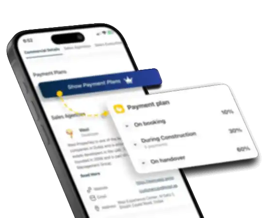 Mobile app screen displaying real estate project resources, including project brochures, unit PDFs, payment plans, and inventory overview, with options to view, download, or share documents.