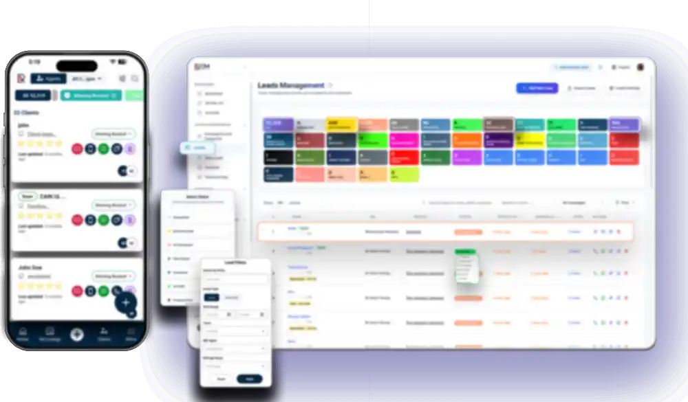 Split-screen view of a lead management platform: mobile lead list with contact options and web dashboard with lead details, status controls, and filters.