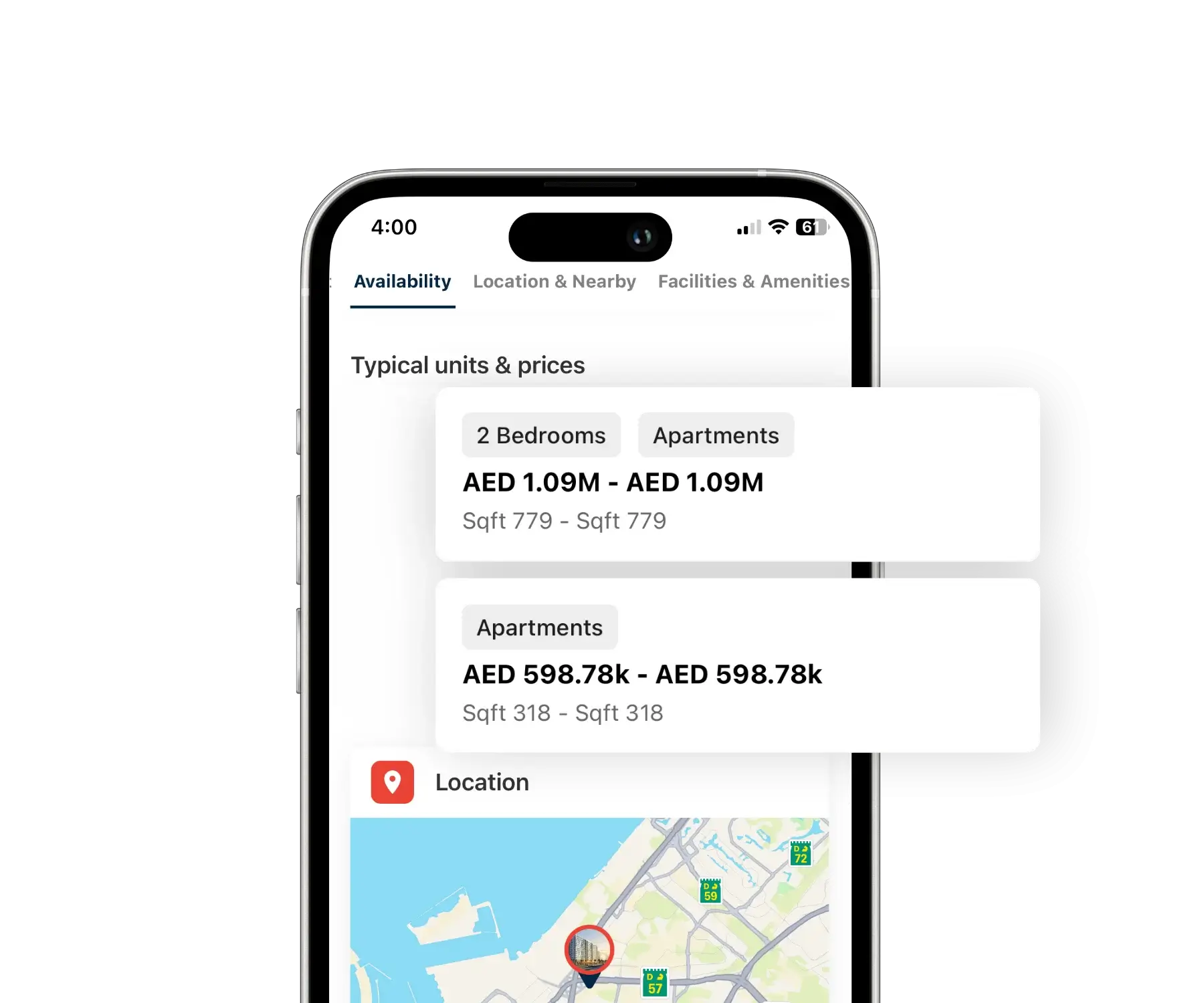REM app availability overview showing unit types, floor plans, AED pricing, and size details for off-plan projects.