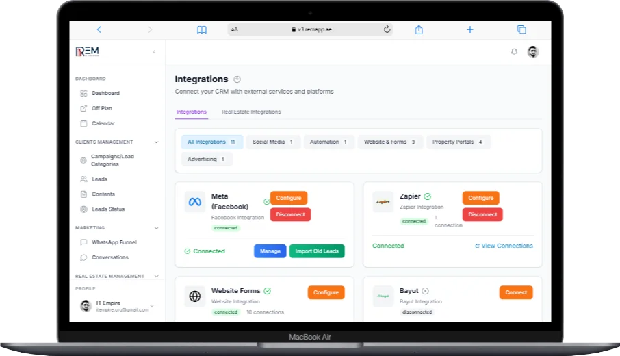 REM real estate CRM integrations dashboard displayed on a MacBook Air, showing connected services like Meta (Facebook), Zapier, Website Forms, and Bayut with options to configure, manage, or disconnect integrations.
